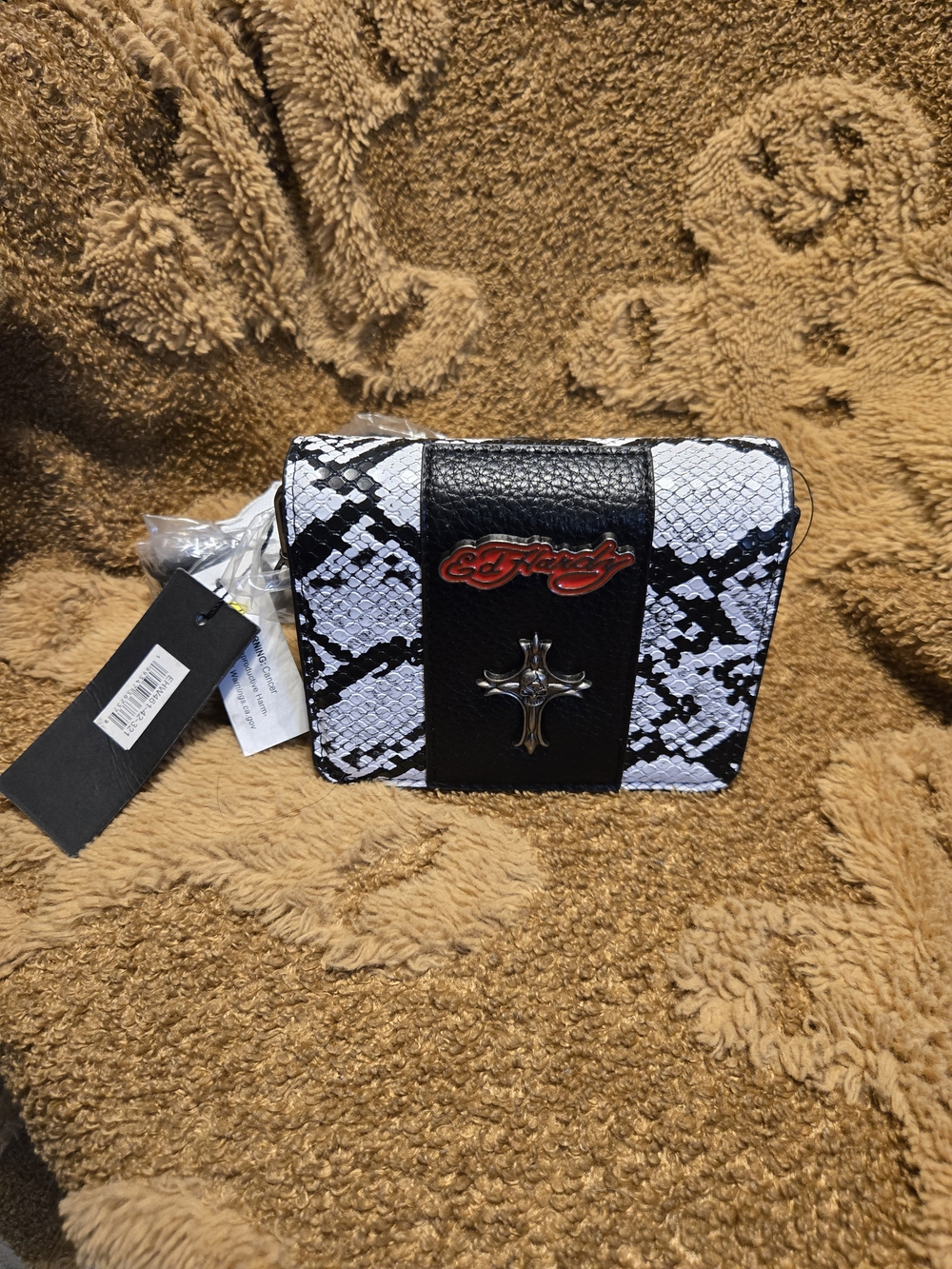 Ed Hardy Black & White Snake Print Mini Bag with Cross Accent